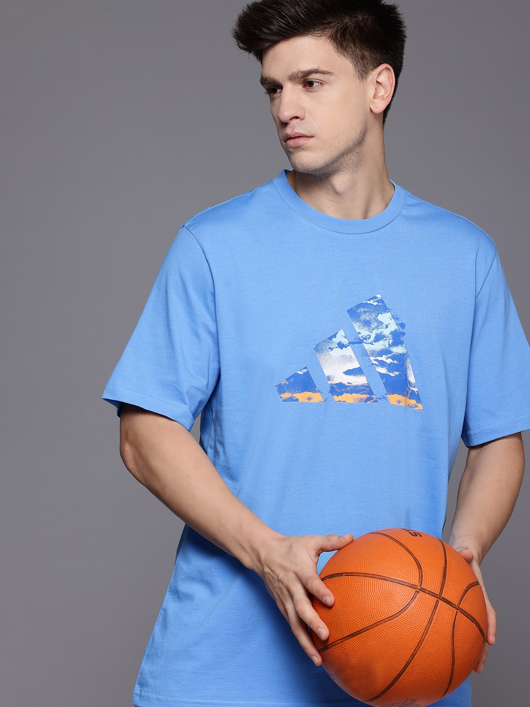 

ADIDAS Men Summer Logo Pure Cotton Basketball T-shirt, Blue