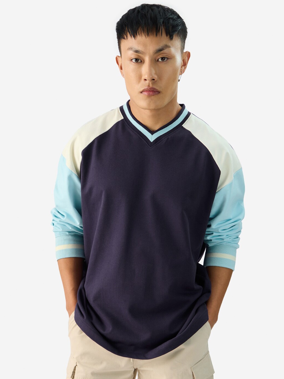 

The Souled Store Cotton V-Neck Long Sleeves Oversized T-shirt, Blue