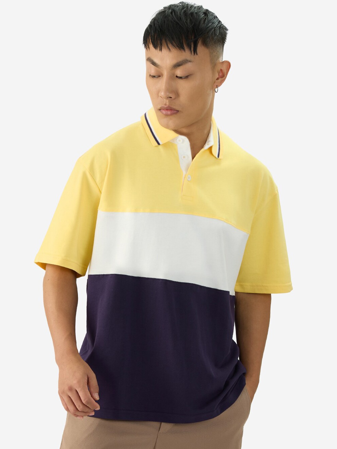 

The Souled Store Colourblocked Cotton Polo Collar Oversized T-shirt, Yellow