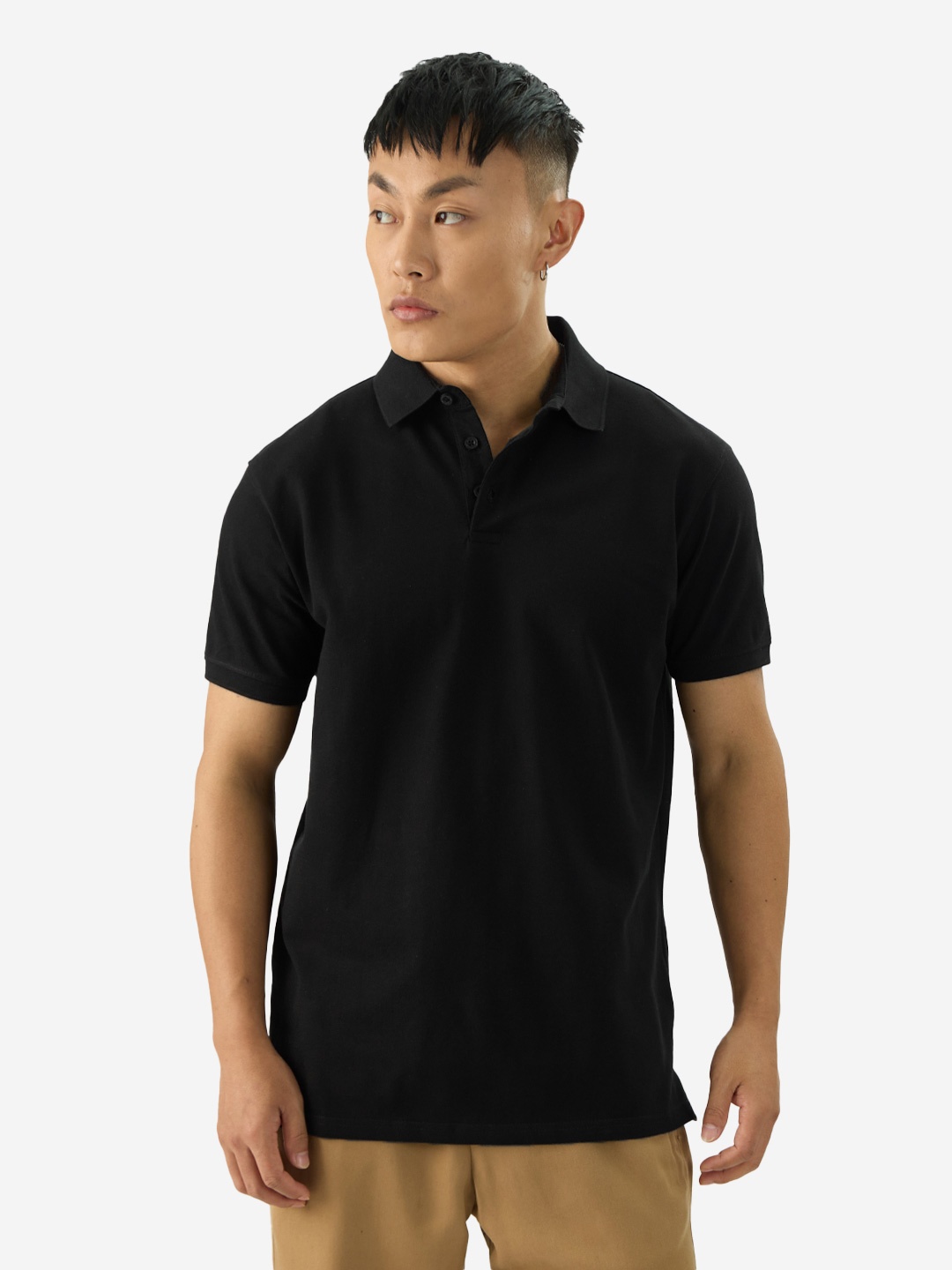 The Souled Store Polo Collar Short Sleeves Cotton T-shirt, Black