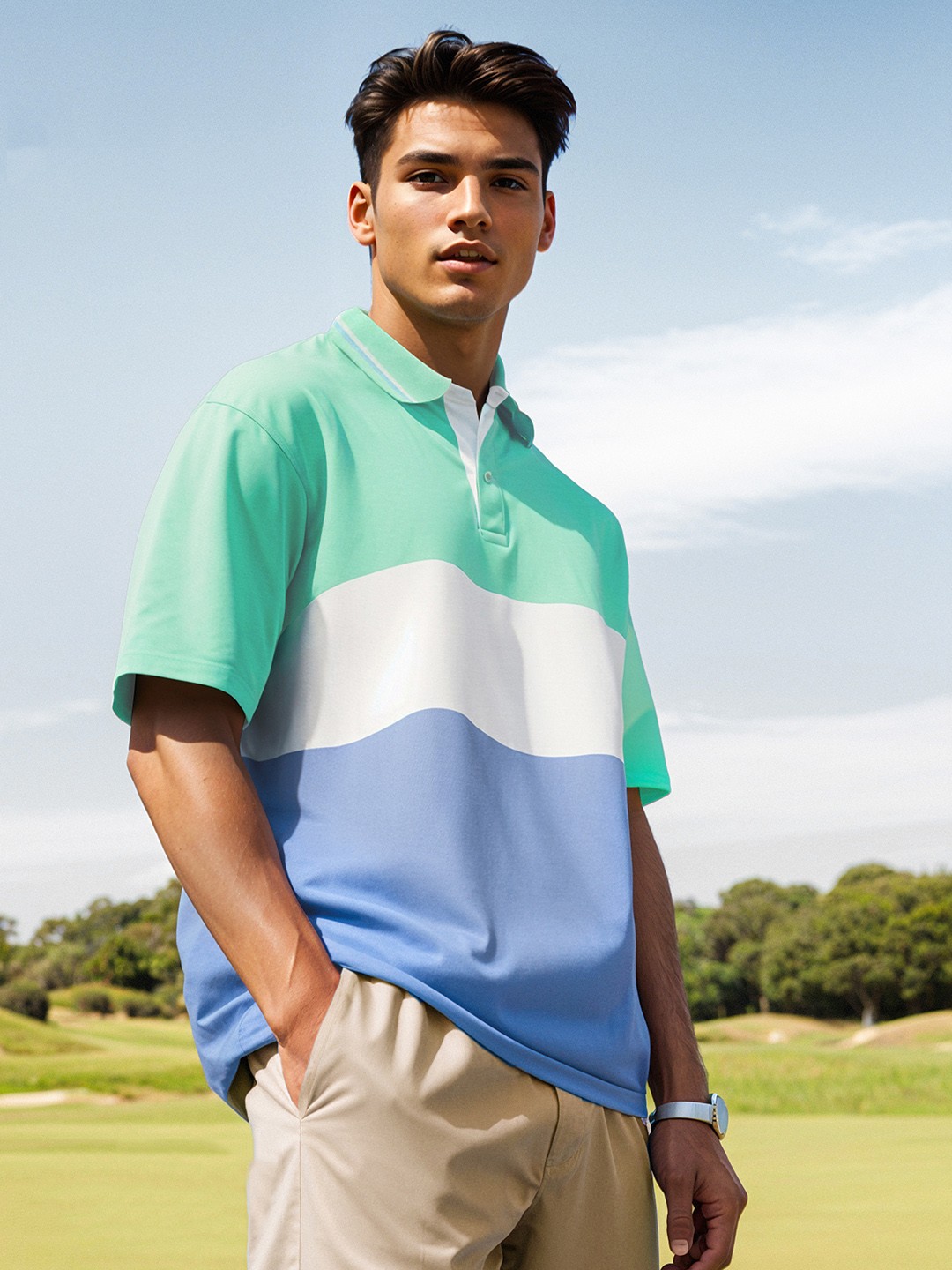 

The Souled Store Colourblocked Cotton Polo Collar Oversized T-shirt, Green