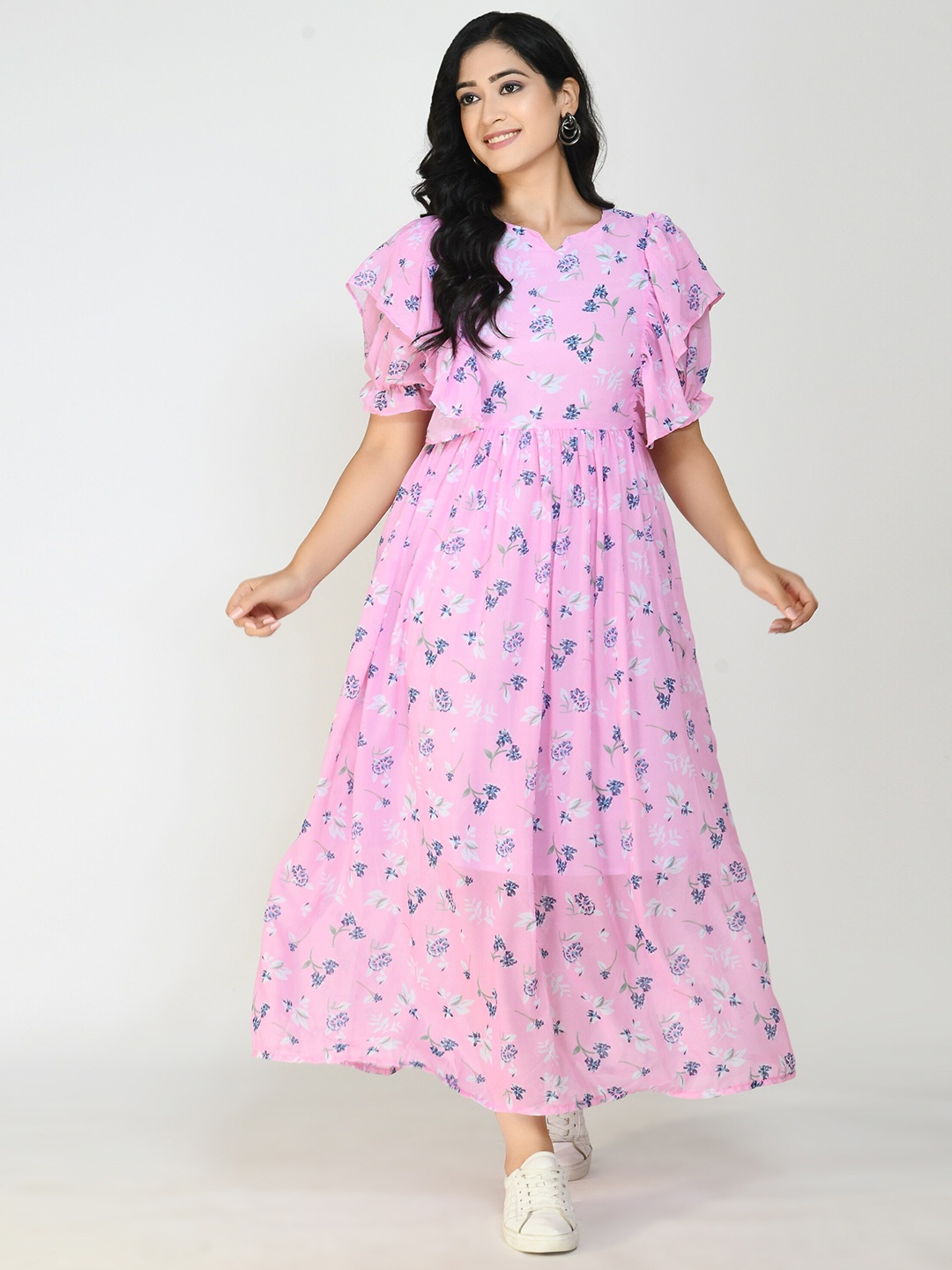 

Altiven Floral Print Puff Sleeve Georgette Formal Maxi Dress, Pink