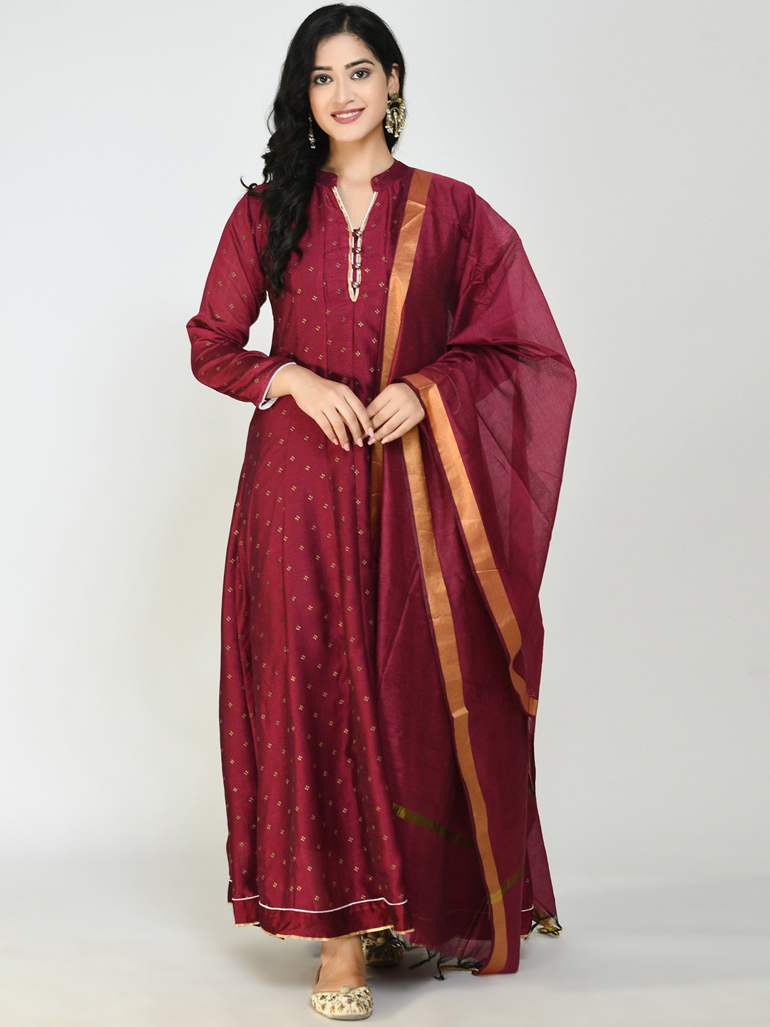 

Altiven Mandarin Collar Pure Silk Anarkali Kurta With Dupatta, Red