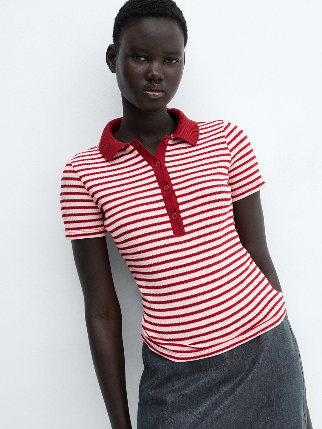 

MANGO Women Striped Polo Collar T-shirt, Red