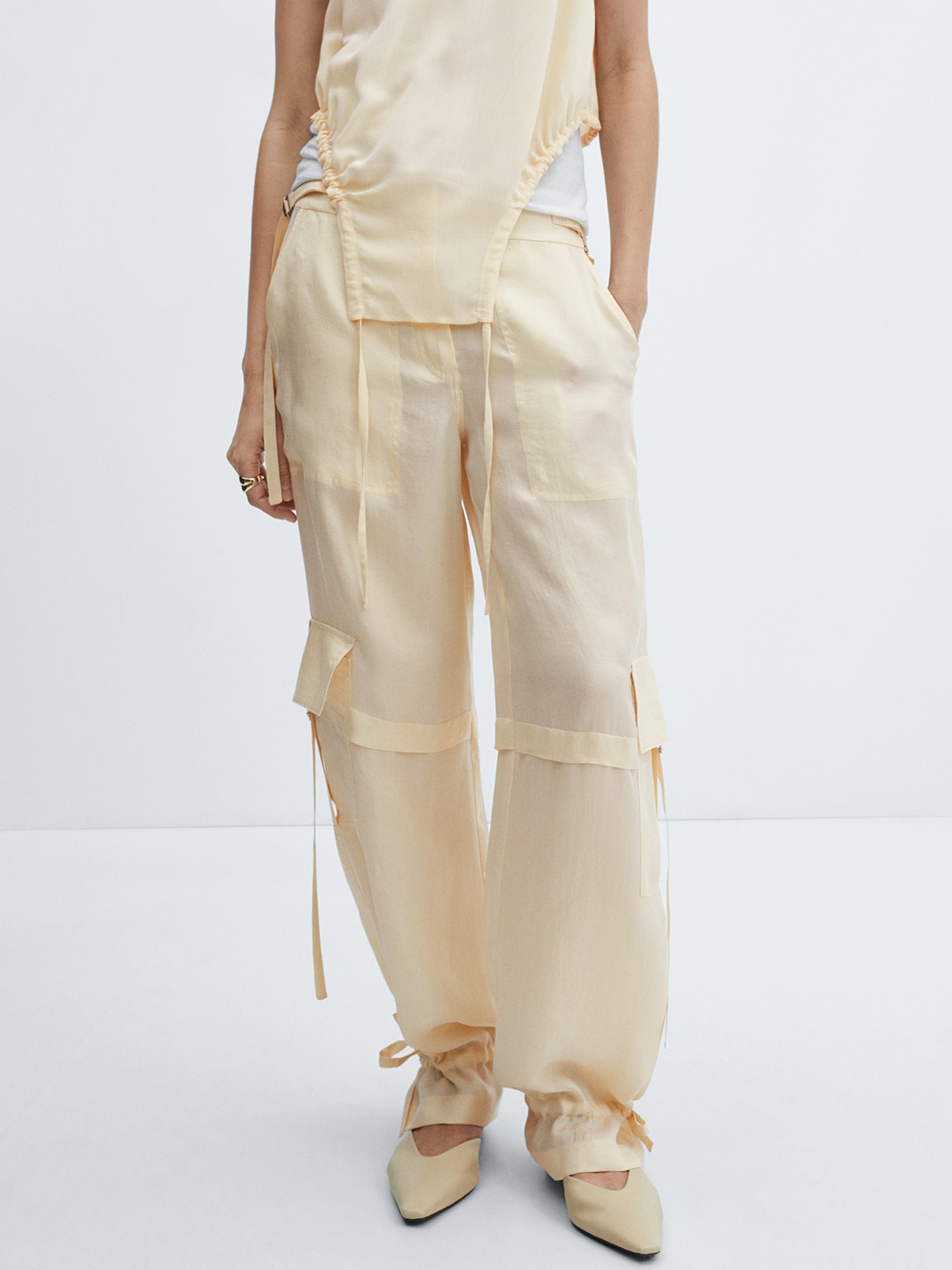 

MANGO Women Pocket Detail Wide Leg Trousers, Beige