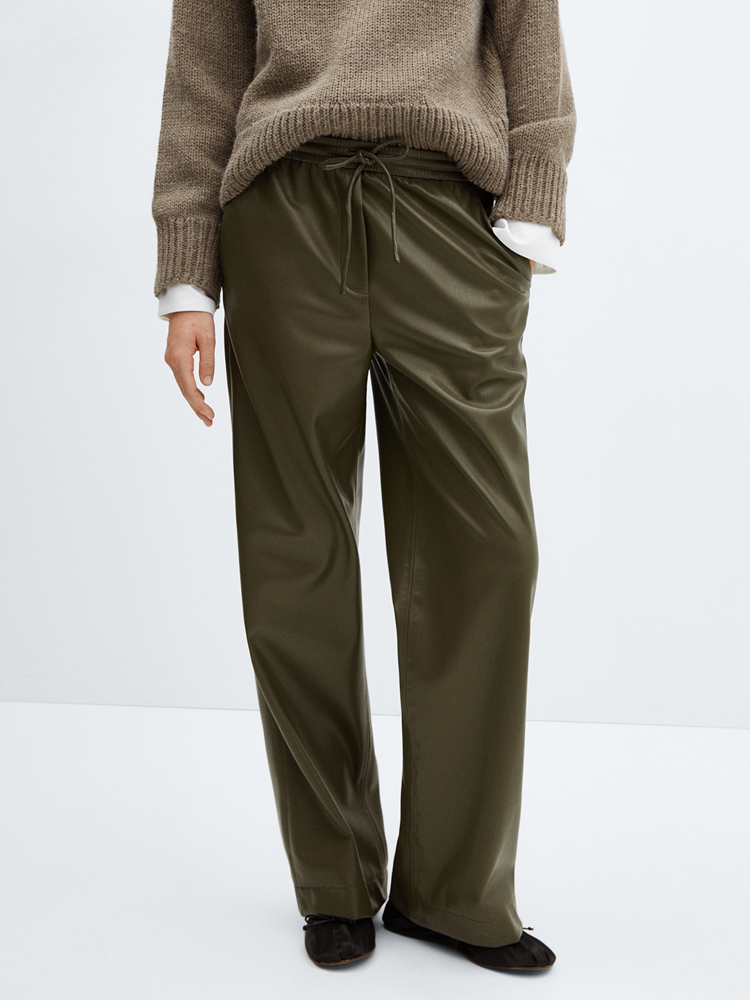 

MANGO Women Faux Leather Trousers, Olive