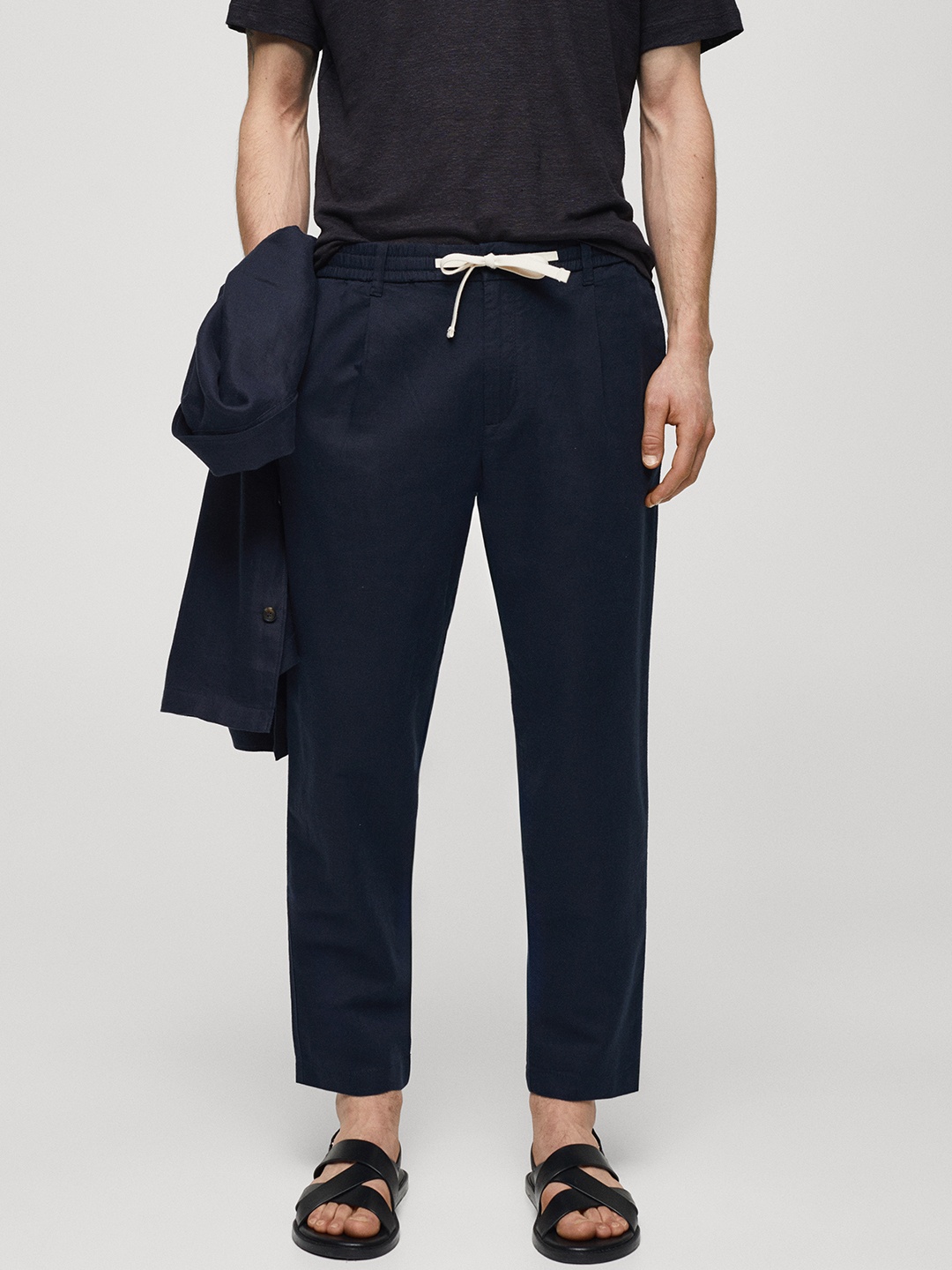 

MANGO MAN Slim Fit Linen Cotton Trousers, Navy blue