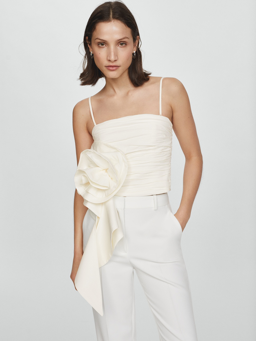 

MANGO Corsage Detail Shoulder Straps Crop Top, Cream