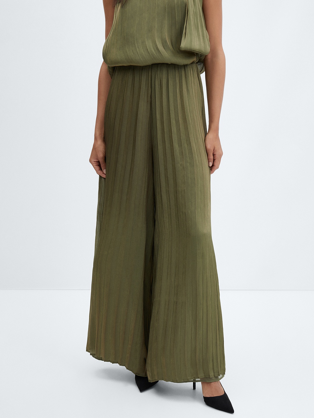 

MANGO Women Pleated Wide Leg Trousers, Olive