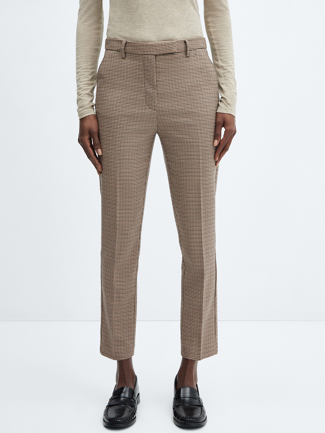 

MANGO Women Houndstooth Skinny Fit Pleated Trousers, Brown
