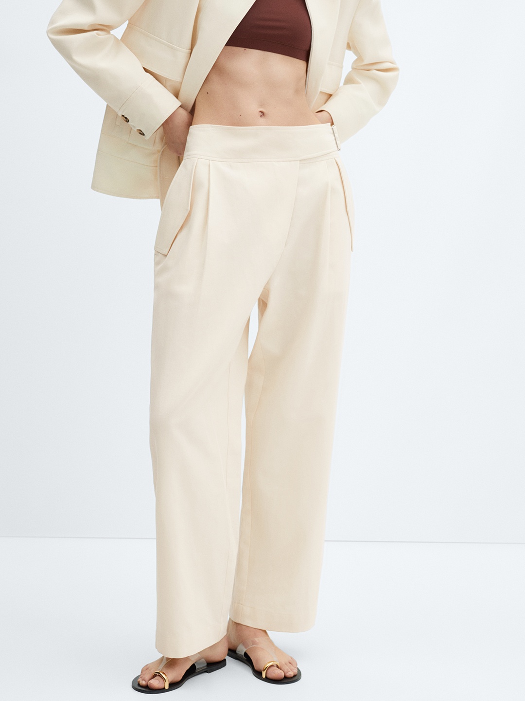 

MANGO Women Crossed Pleat Cotton Linen Belted Trousers, Beige