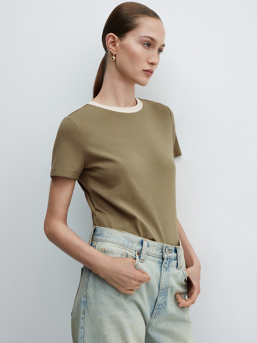 

MANGO Women Solid T-shirt with Contrast Neck, Olive