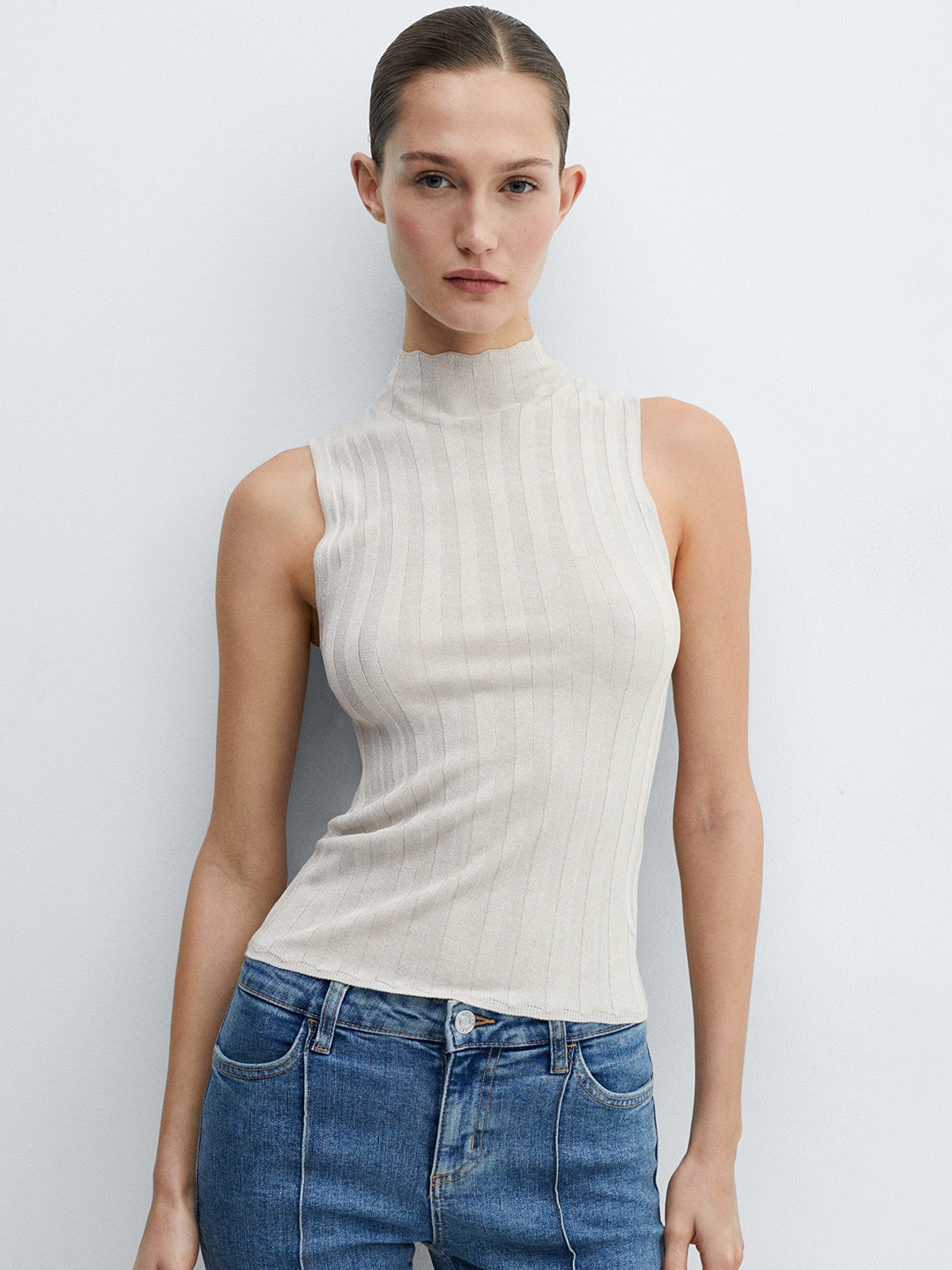 

MANGO High Neck Self-Striped Fitted Top, White