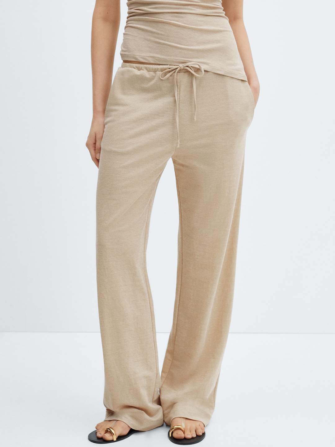 

MANGO Women Wide Leg Trousers, Beige