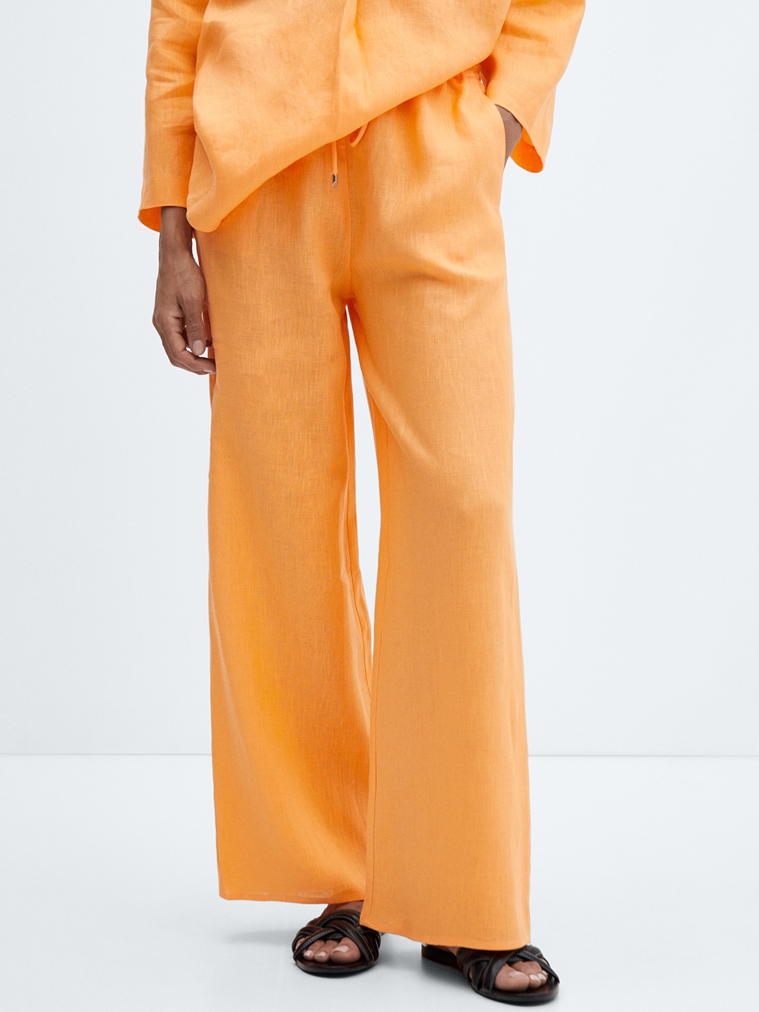 

MANGO Women High-Rise Pure Linen Trousers, Orange