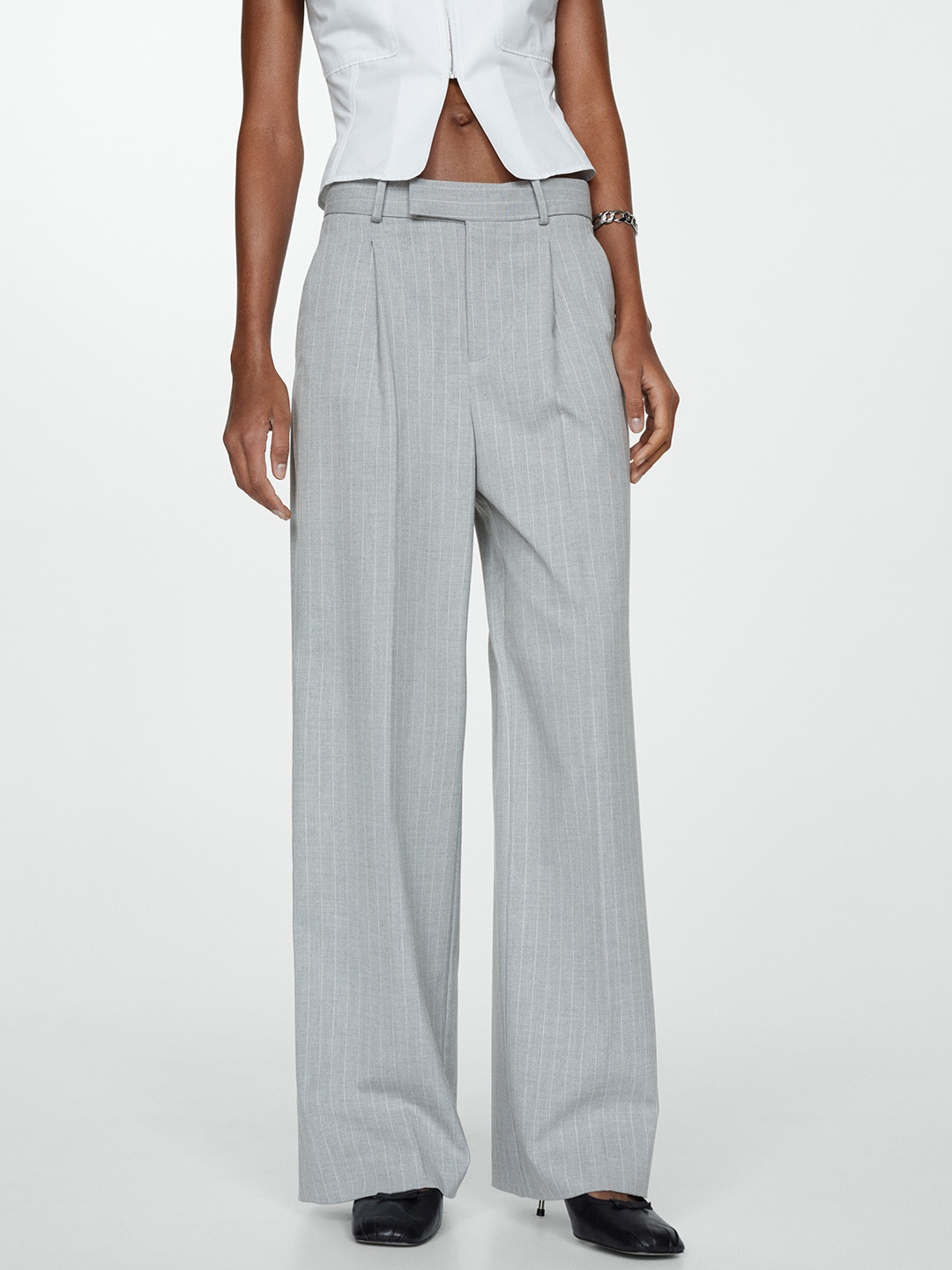 

MANGO Women Pinstriped Pleated Trousers, Grey