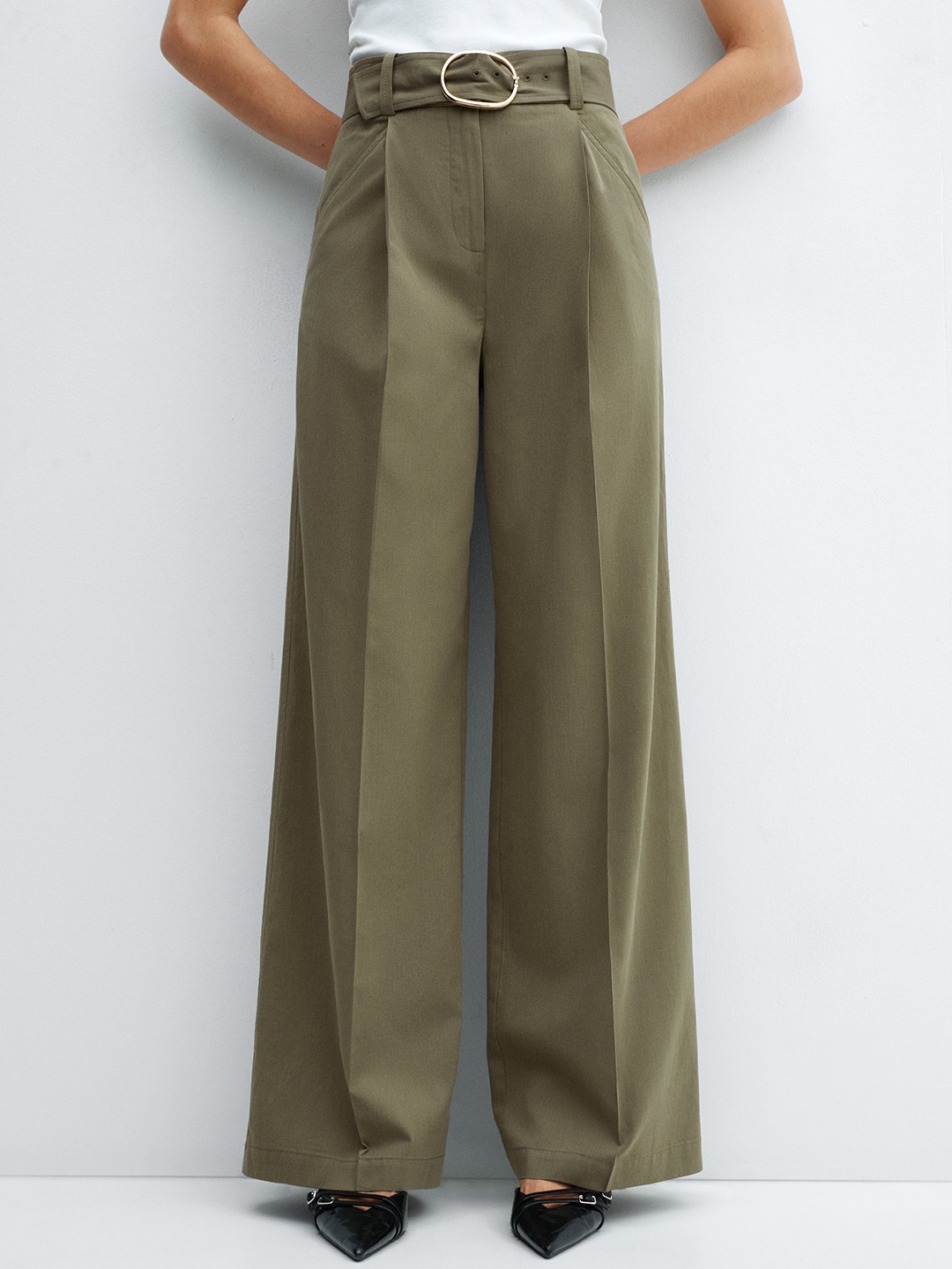 

MANGO Wide Leg Pleated Trousers with Belt, Olive