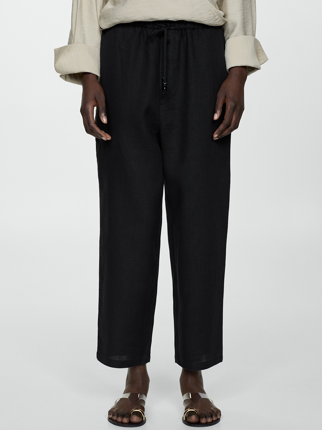 

MANGO Pure Linen Culottes Trousers, Black