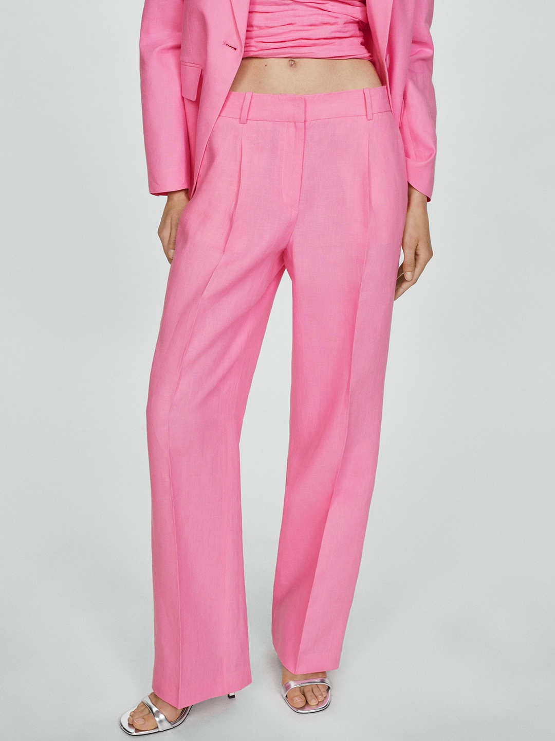 

MANGO Pure Linen Pleated Formal Trousers, Pink