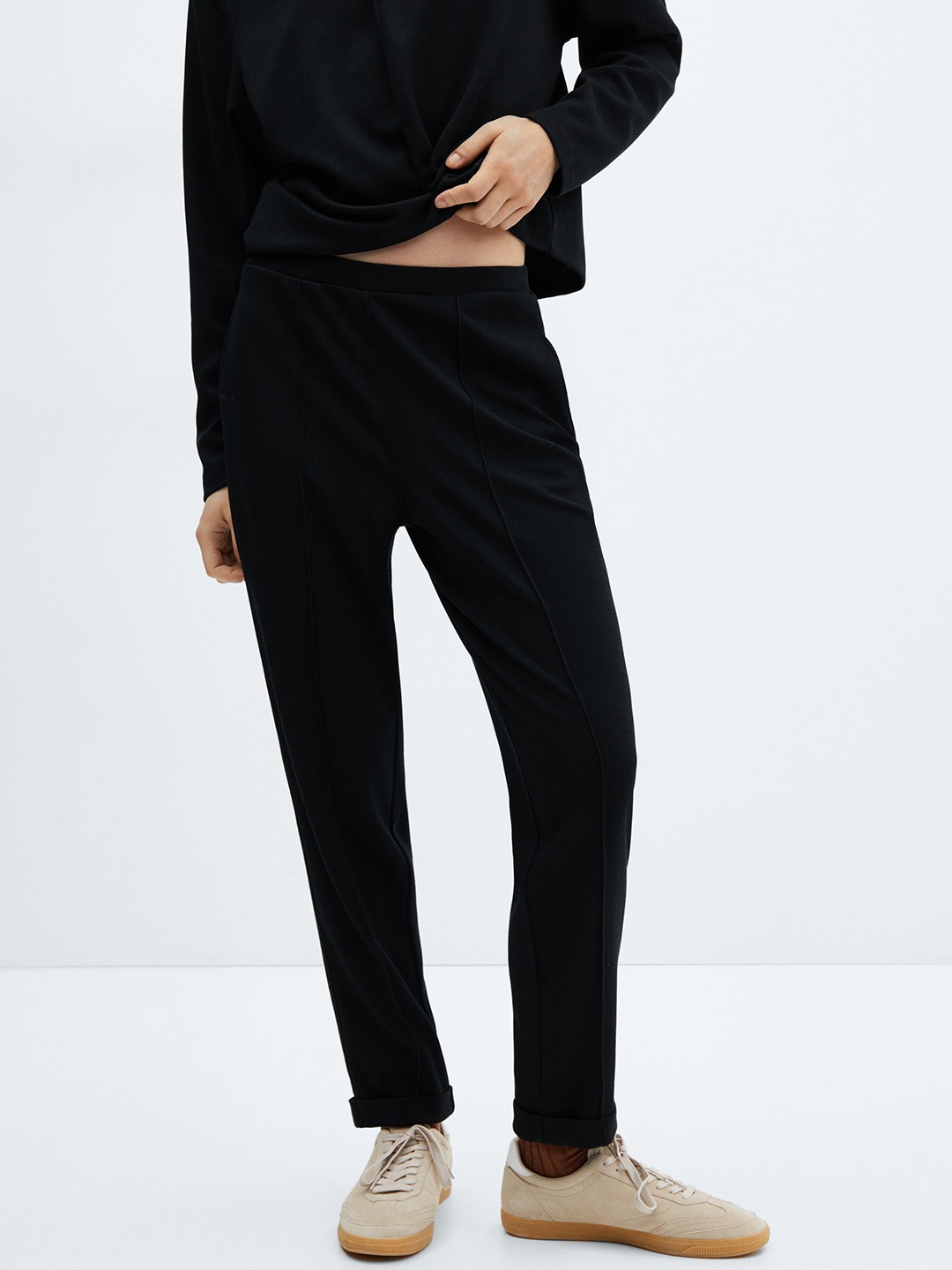 

MANGO Women Pique High-Rise Seam Trousers, Black