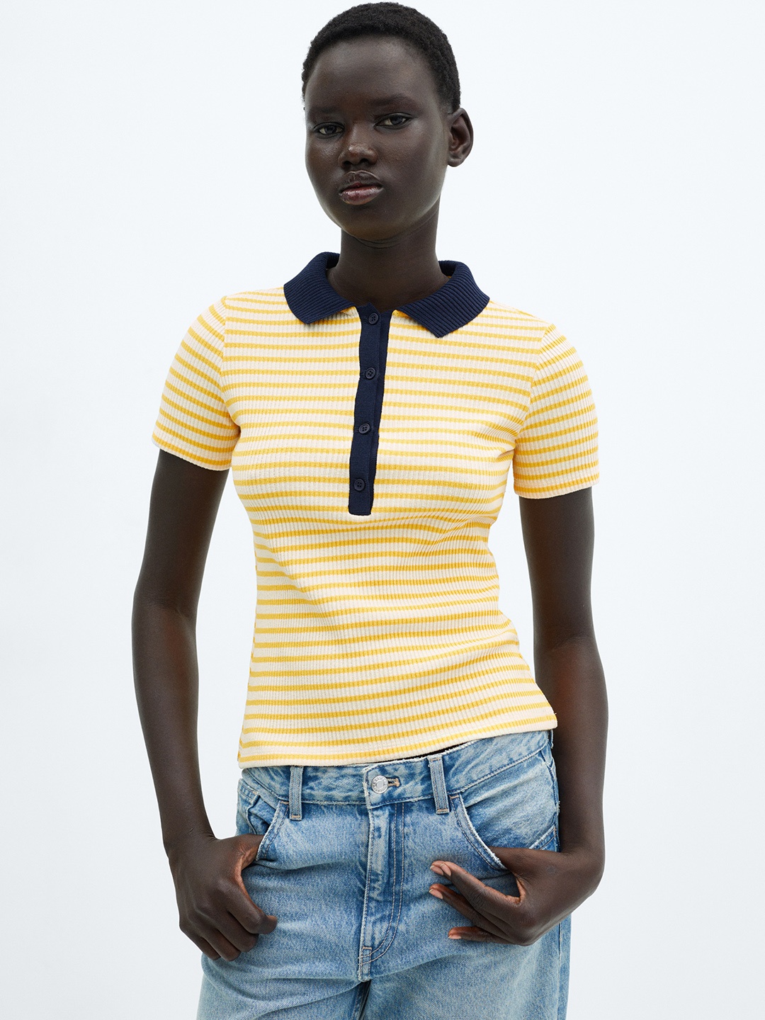 

MANGO Women Striped Polo Collar T-shirt, Yellow