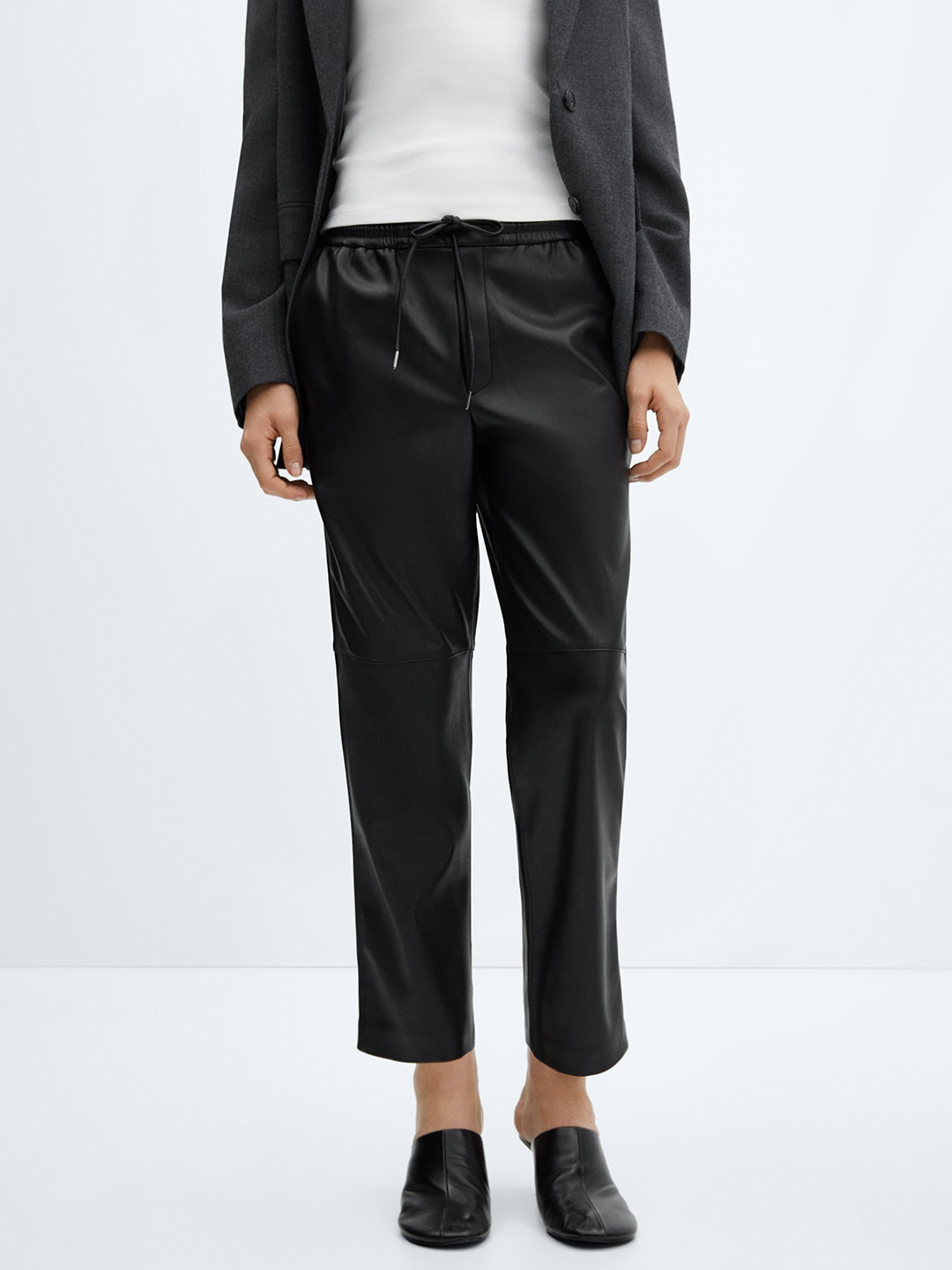 

MANGO Leather-Effect Trousers, Black