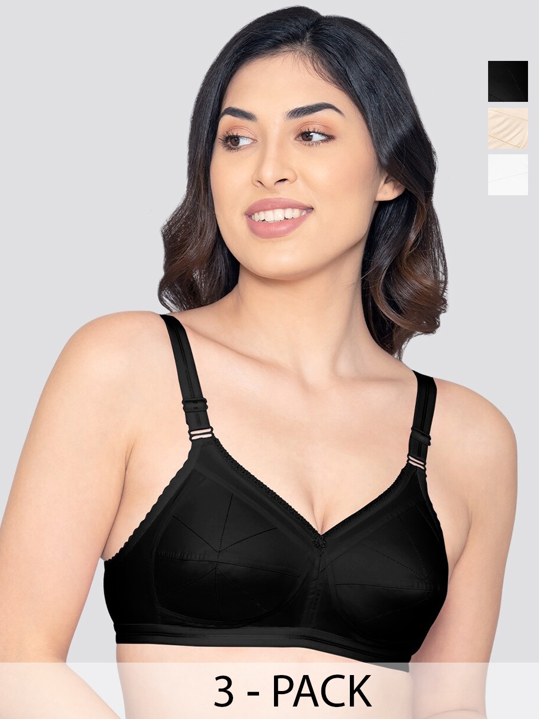 

Kalyani Damini Pack of 3 Full Coverage Everyday Bra BLK-SKN-WHT, Black