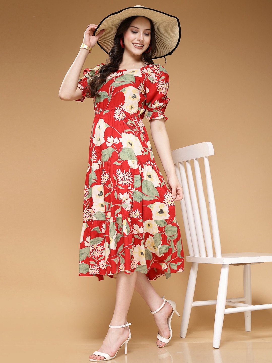

LARGISH Floral Printed Fit & Flare Midi Dress, Red