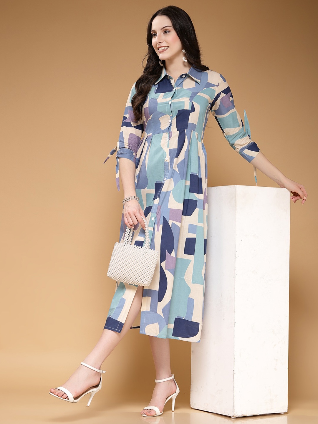 

LARGISH Cotton Abstract Printed Midi Shirt Dress, Blue