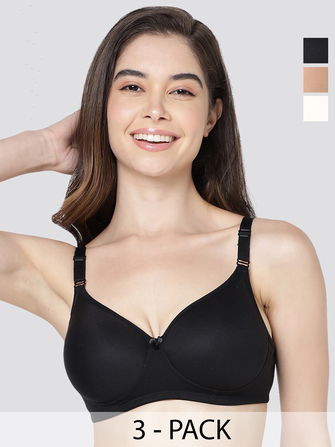 

Kalyani Cherry Pack of 3 Lightly Padded Seamless T-Shirt Bra BLK-CML-SKN, Black