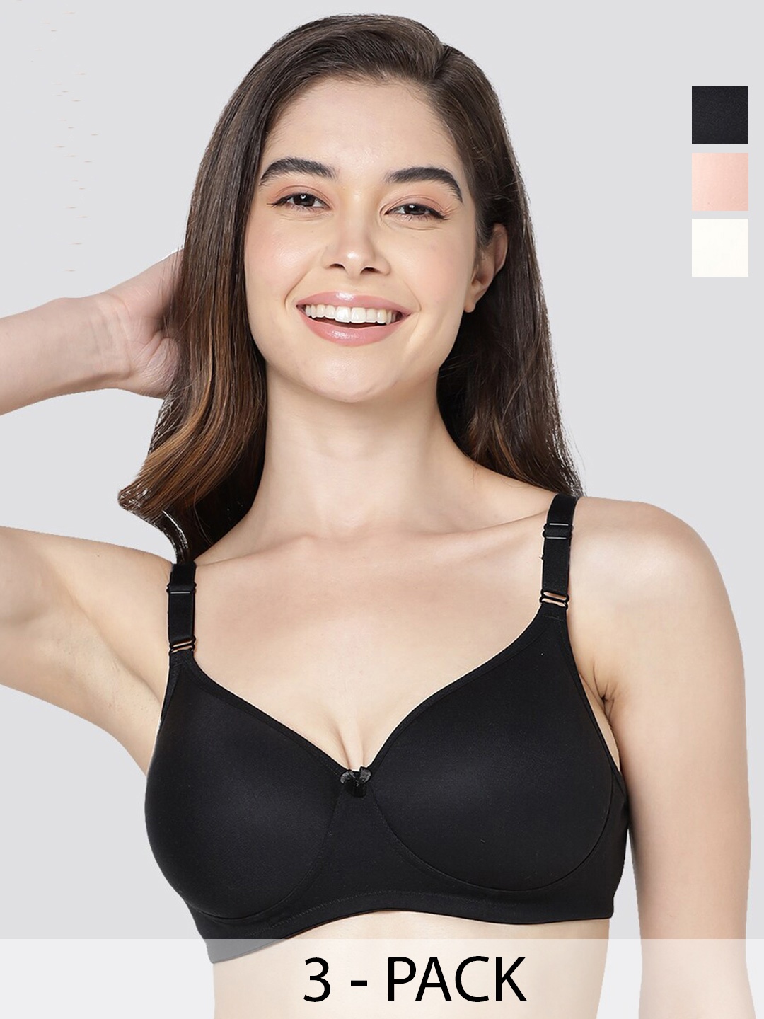 

Kalyani Cherry Pack of 3 Lightly Padded Seamless T-Shirt Bra BLK-PCH-SKN, Black