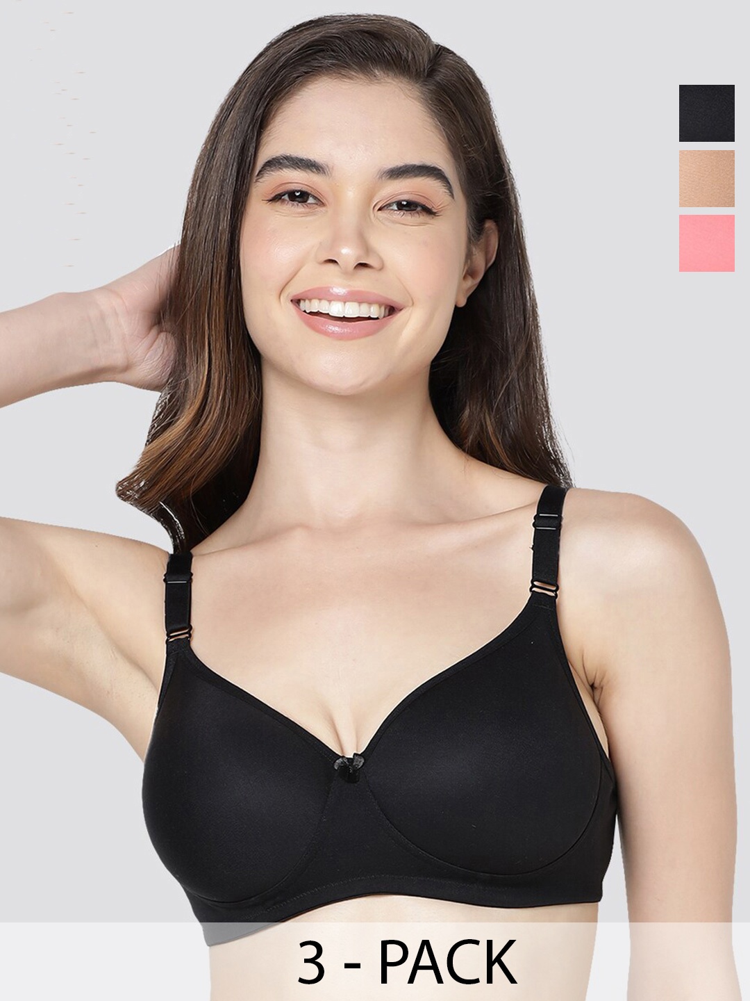 

Kalyani Cherry Pack of 3 Lightly Padded Seamless T-Shirt Bra BLK-CML-CRL, Black