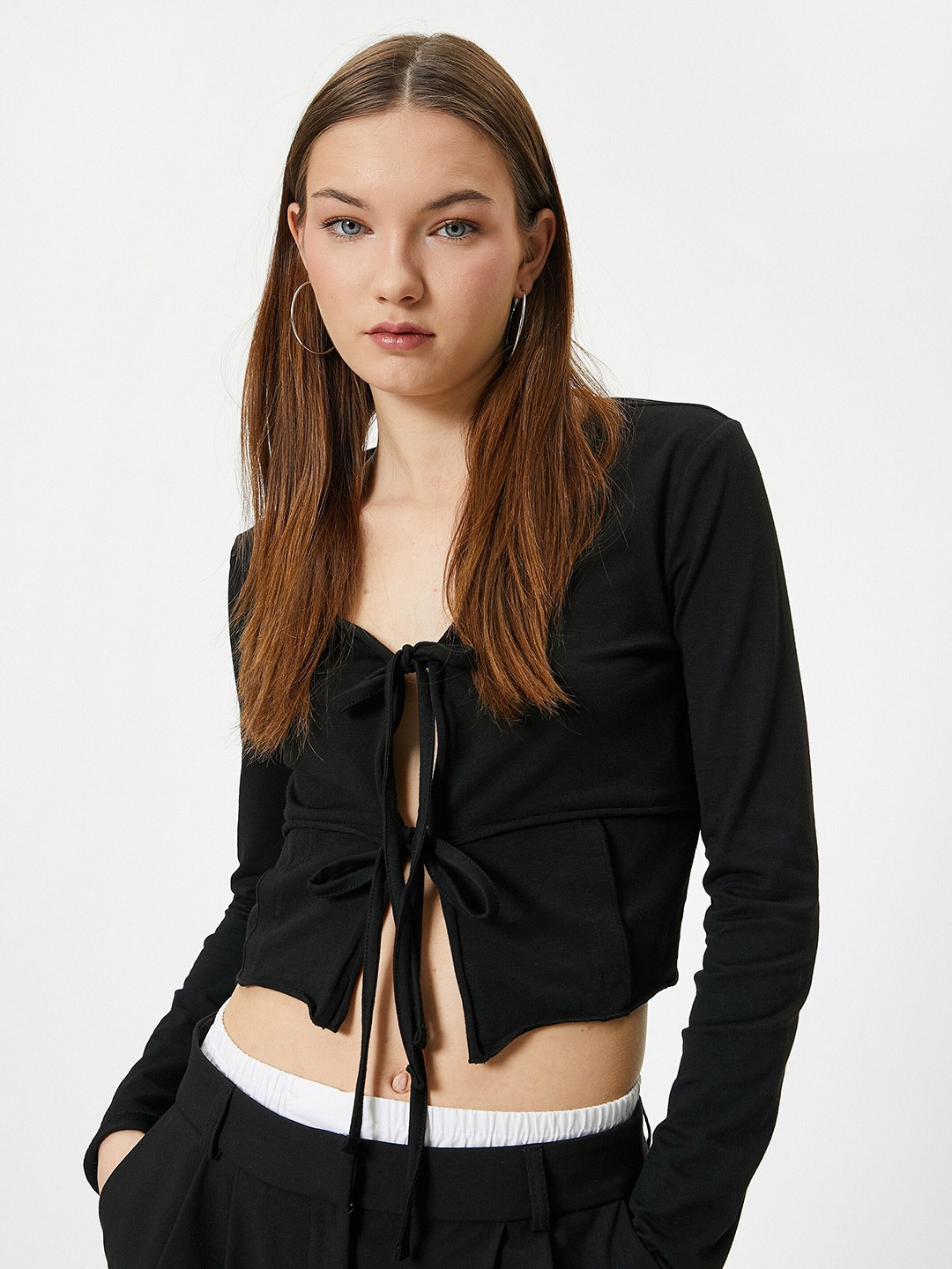 

Koton Tie-Up Neck Long Sleeves Crop Top, Black