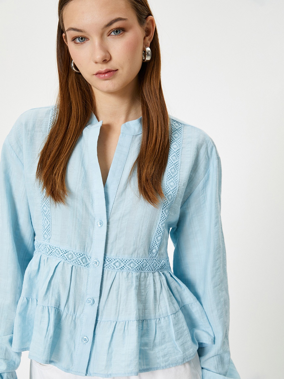 

Koton Mandarin Collar Cotton Shirt Style Top, Blue