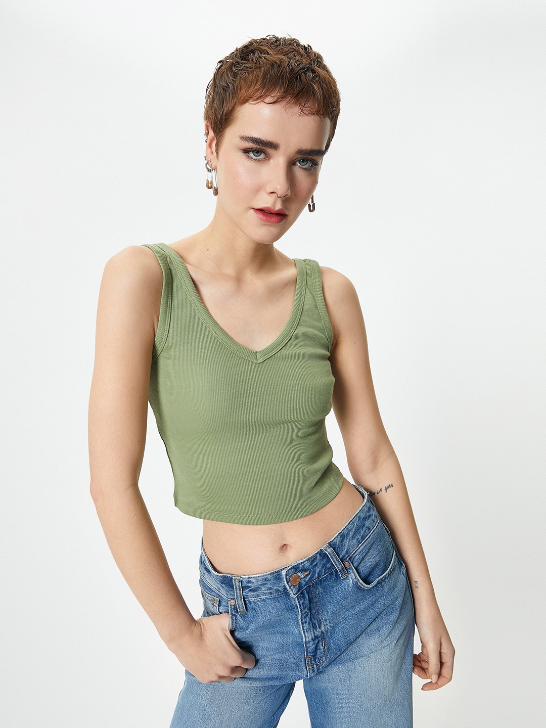 

Koton V-Neck Sleeveless Cotton Crop Top, Khaki