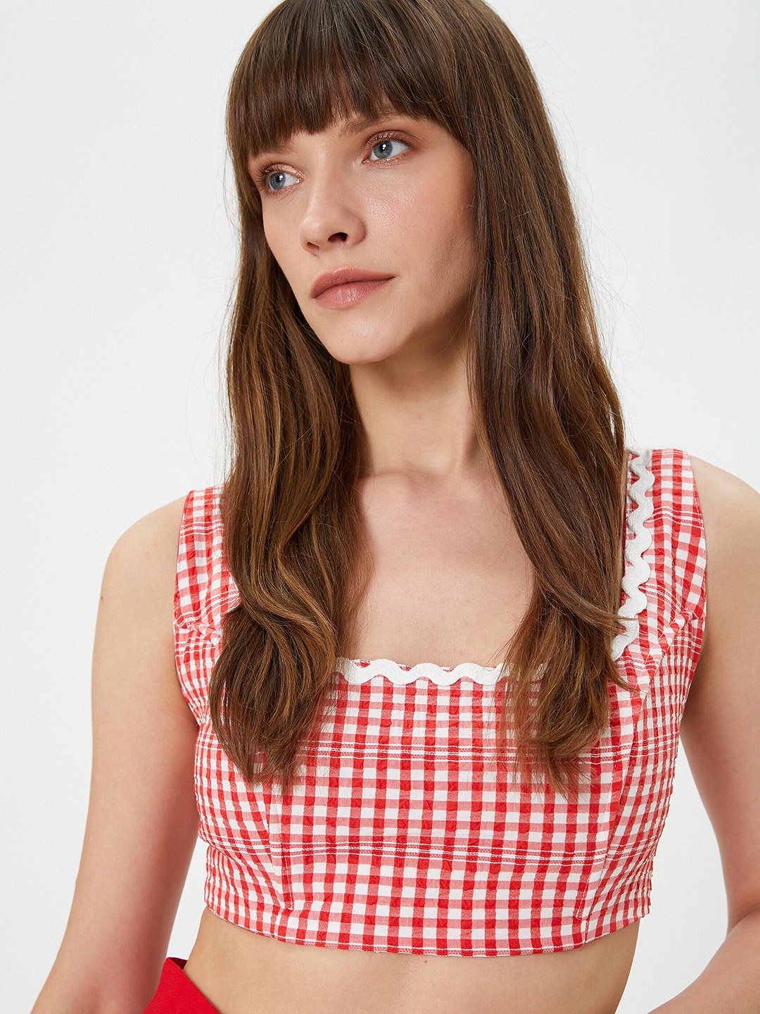 

Koton Square Neck Sleeveless Checked Crop Top, Red