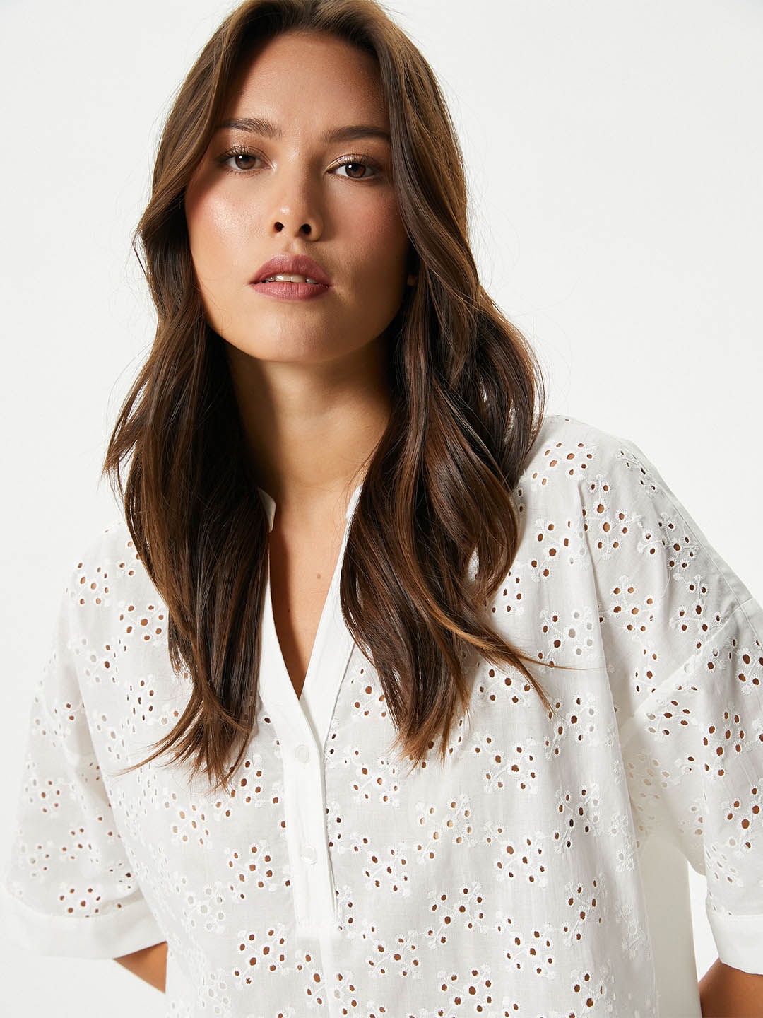 

Koton Self Design Cotton Schiffli Shirt Style Top, White