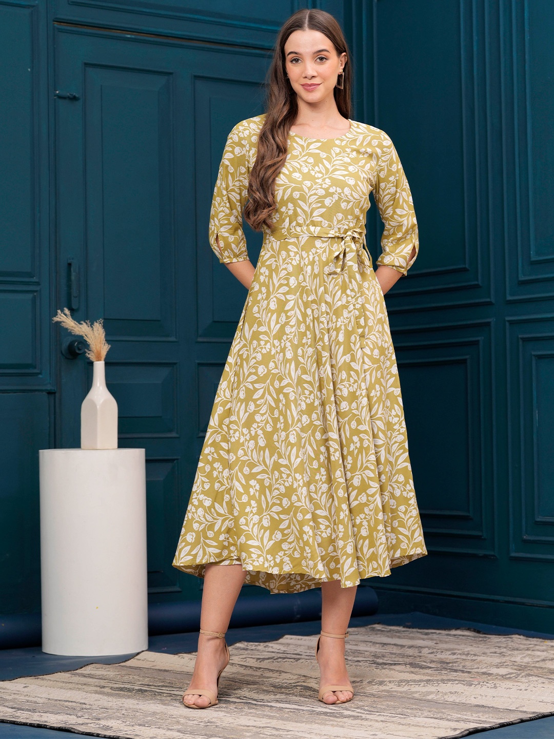 

DAEVISH Floral Print Round Neck A-Line Midi Dress, Olive