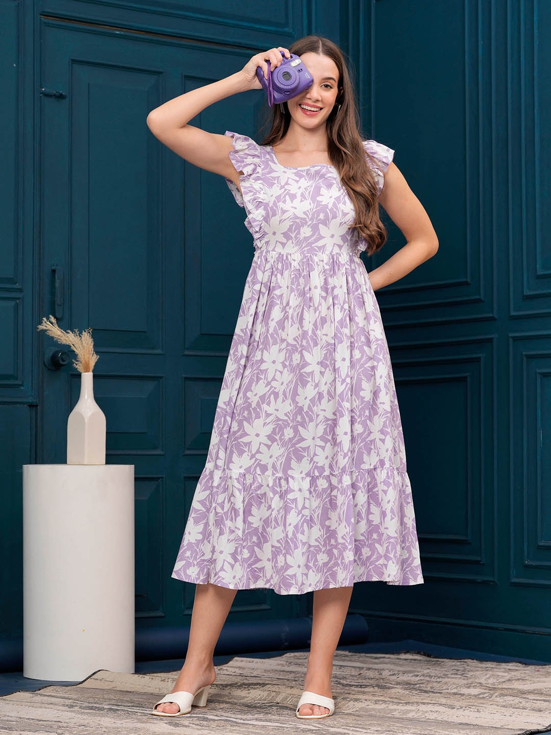 

DAEVISH Floral Print Round Neck Flutter Sleeves A-Line Midi Dress, Lavender