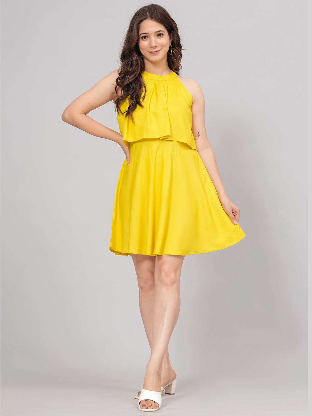 

DAEVISH Round Neck A-Line Mini Dress, Lime green