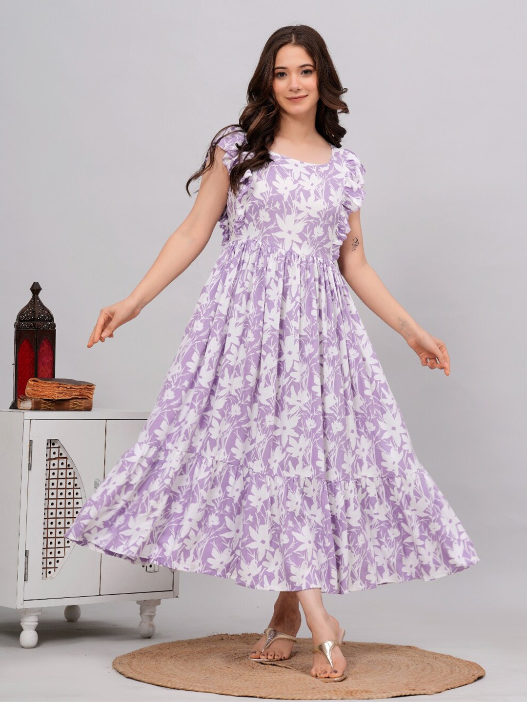 

DAEVISH Floral Print Flutter Sleeves Tiered Maxi Dress, Lavender