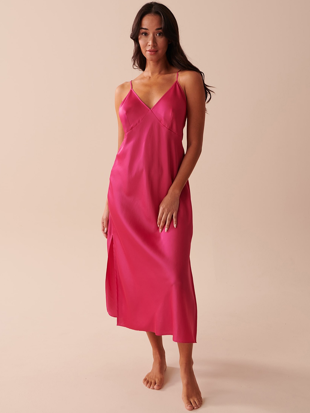 

La Vie en Rose Shoulder Straps Satin Midi Nightdress, Pink