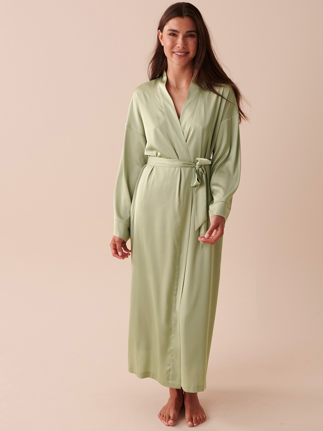

La Vie en Rose Long Sleeves Satin Maxi Kimono Robe, Green