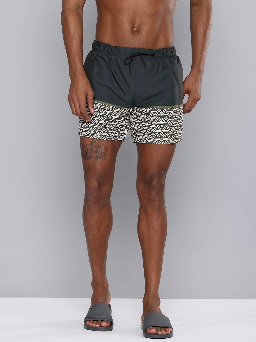 

OLAIAN By Decathlon Men Printed Surfing Shorts With Attached Inner Brief, Olive