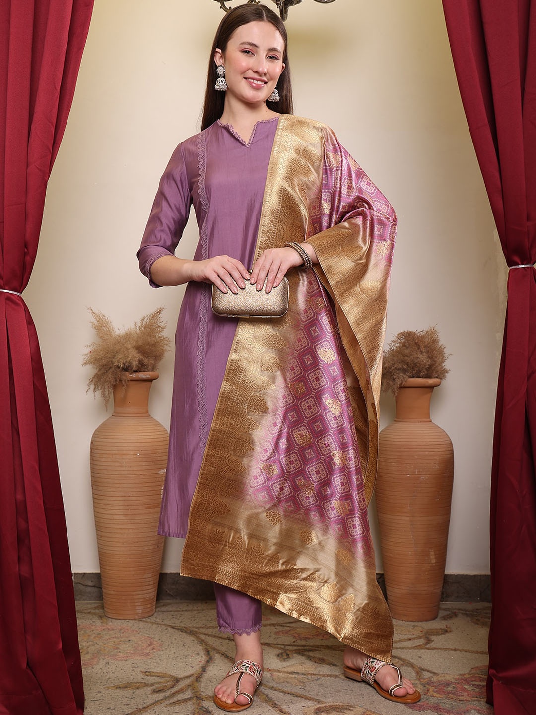 

House of Pataudi Notched Neck Thread Work Straight Kurta With Trouser & Dupatta, Purple