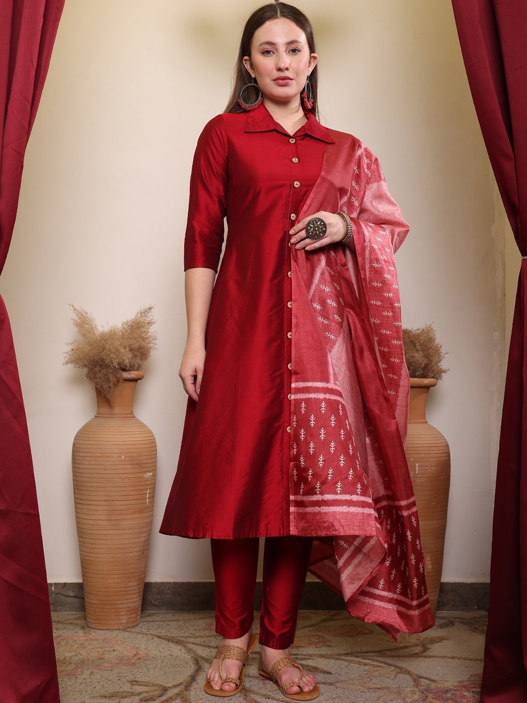 

House of Pataudi Shirt Collar Three-Quarter Sleeves A-Line Kurta With Trouser Set, Red