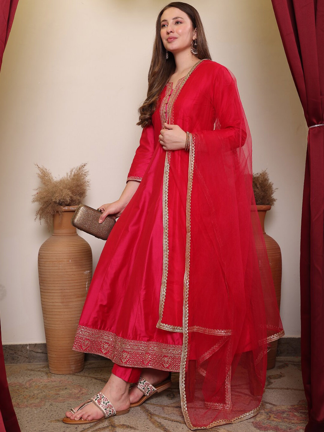 

House of Pataudi Embroidered Round Neck Three-Quarter Sleeves A-Line Kurta Set, Pink