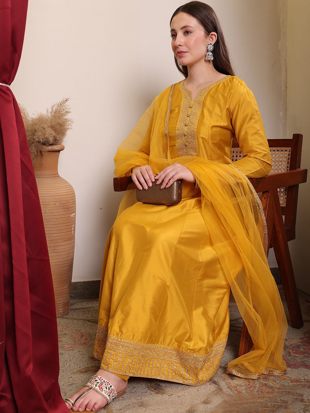 

House of Pataudi Ethnic Motifs Embroidered Anarkali Kurta With Trousers & Dupatta, Yellow