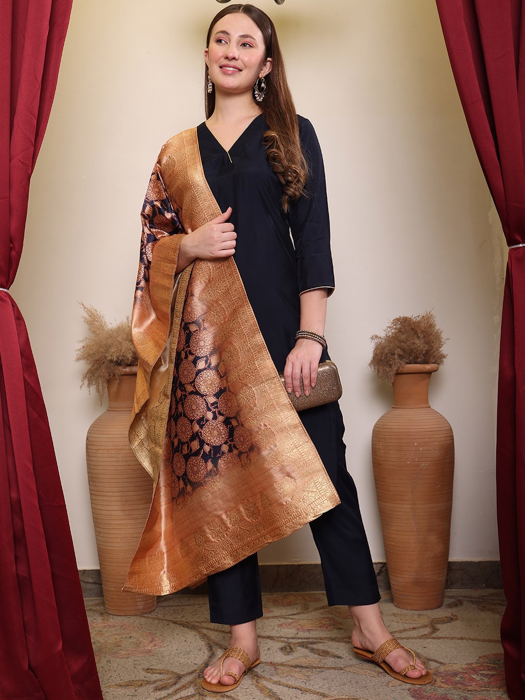 

House of Pataudi V-Neck Three-Quarter Sleeves Chanderi Silk Kurta With Trousers & Dupatta, Black