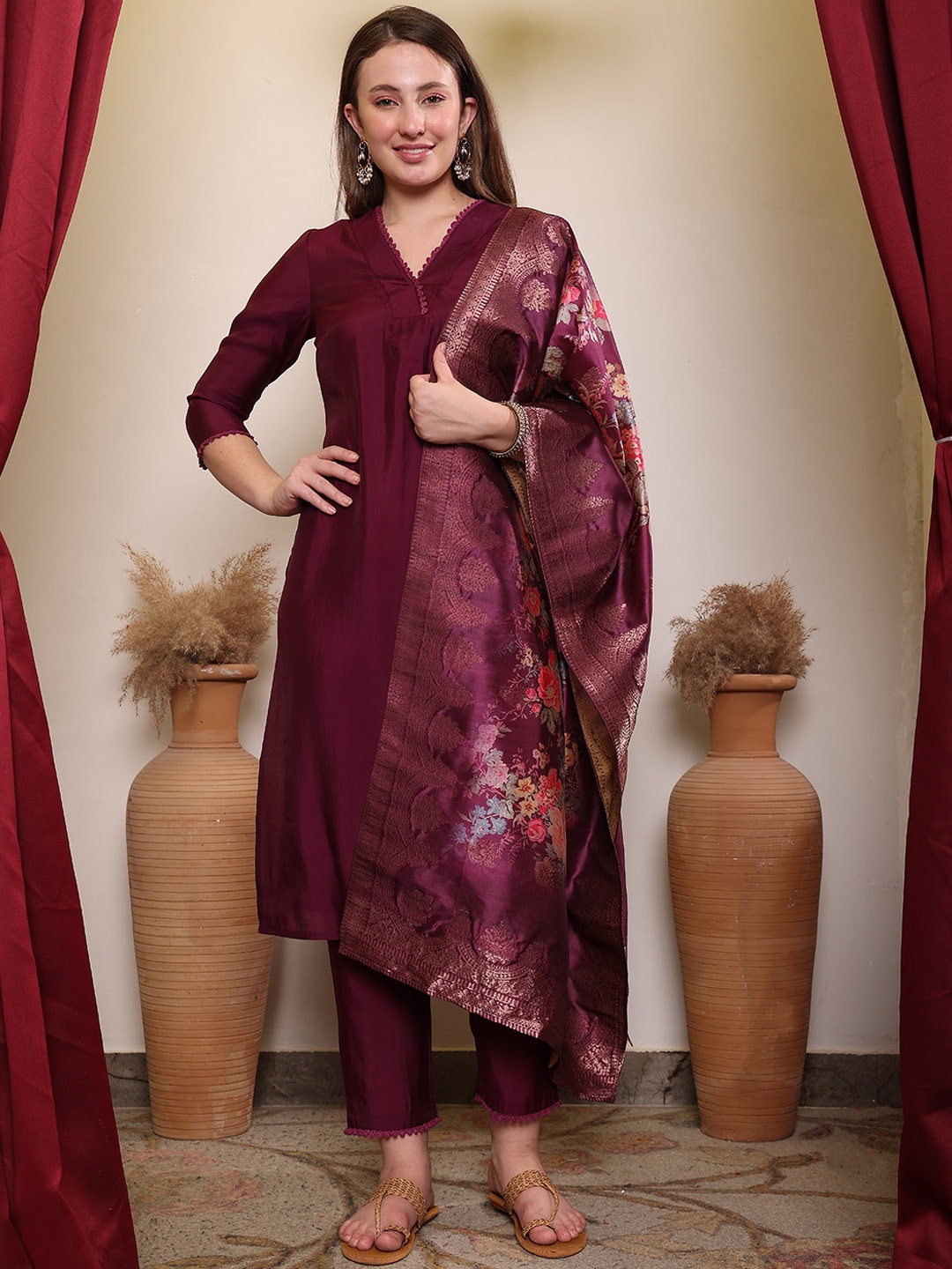 

House of Pataudi V-Neck Three-Quarter Sleeves Chanderi Silk Kurta With Trousers & Dupatta, Maroon